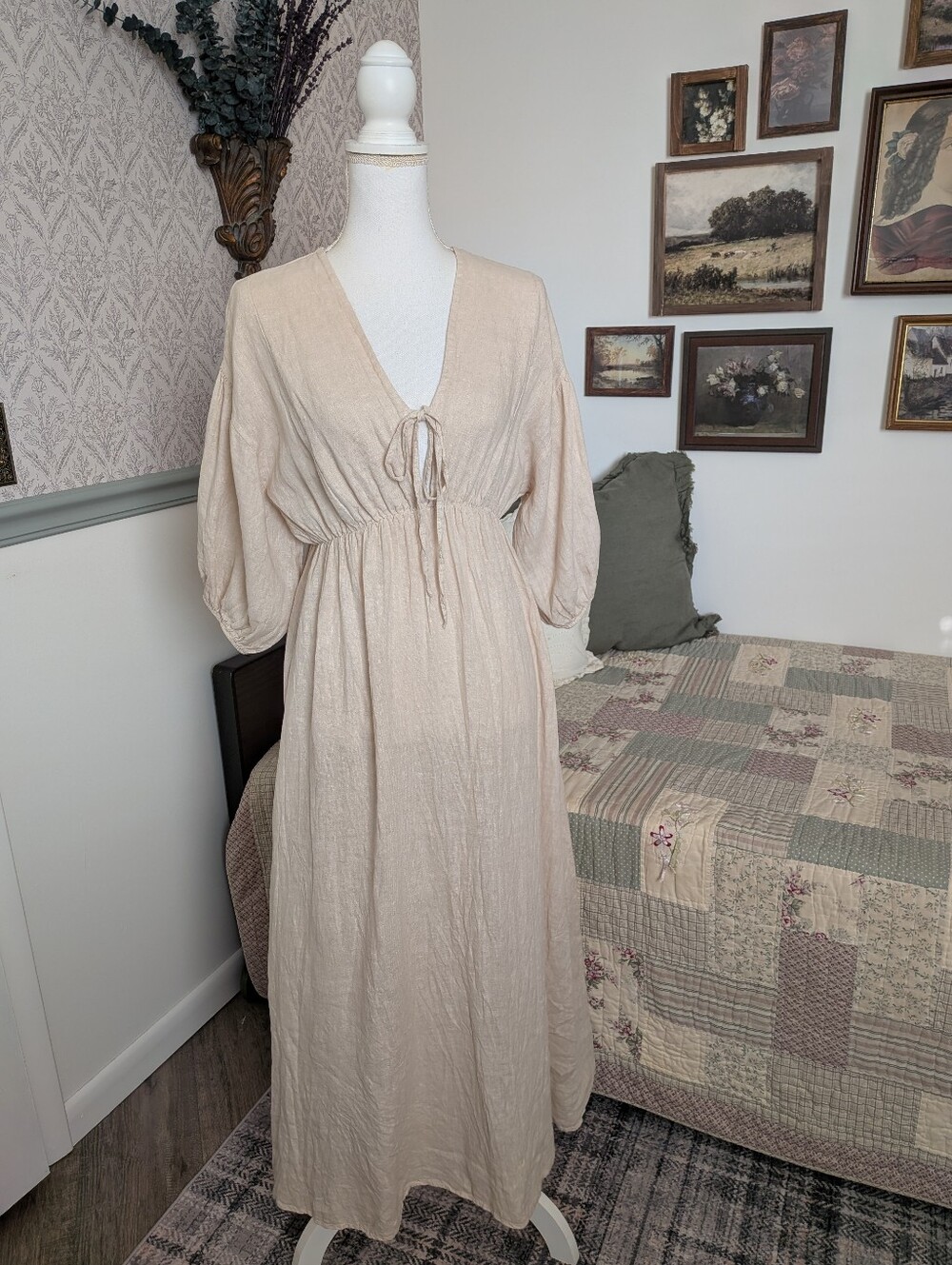 Made in Italy 100% Linen Oatmeal Cottagecore Boho Empire Waist Dress S/M